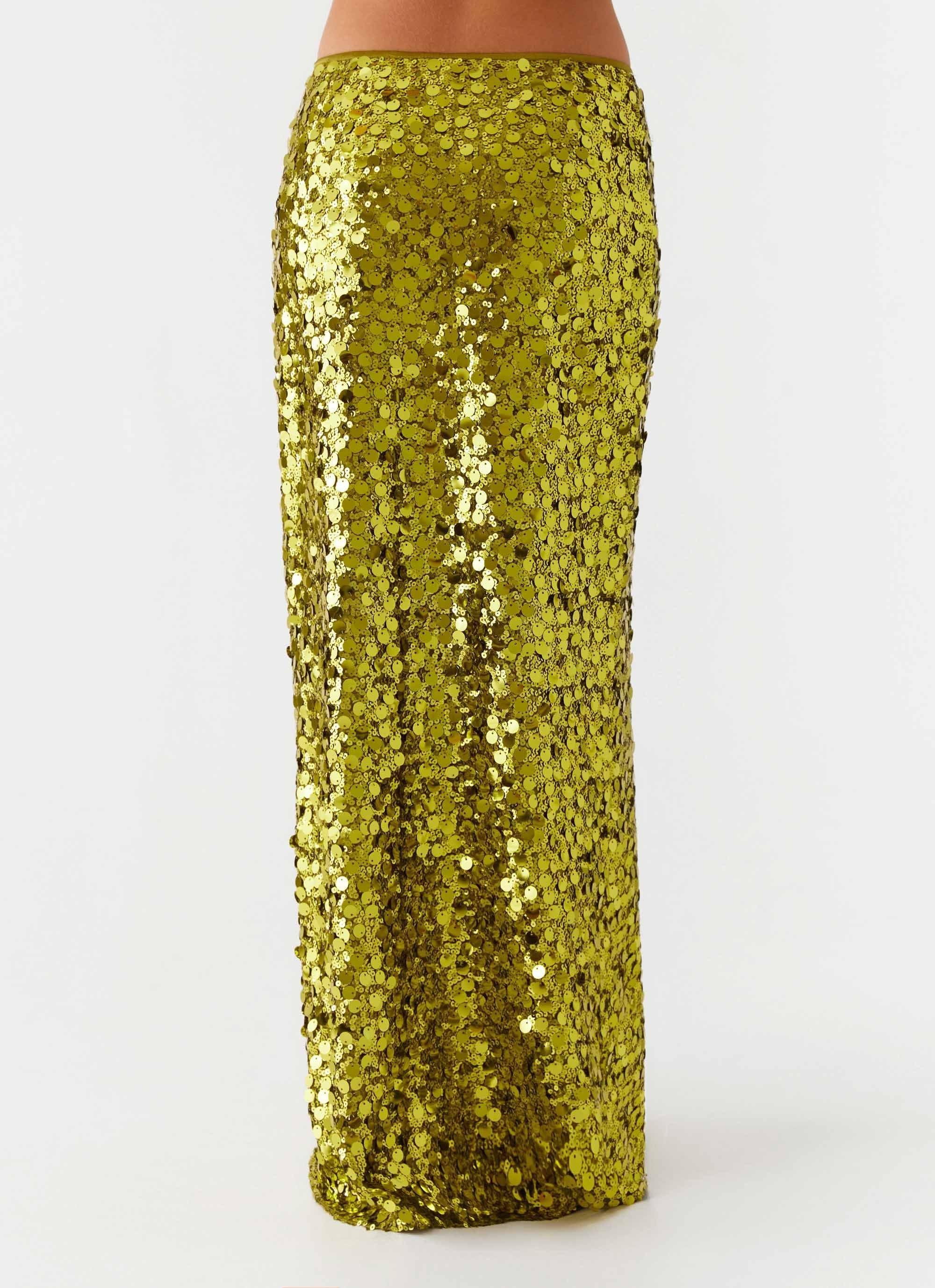 Perfect Places Low Rise Sequin Maxi Skirt - Olive Product Image