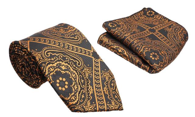 Copper Black Suzani Floral Pattern Men's Classic Tie and Pocket Square Set Product Image