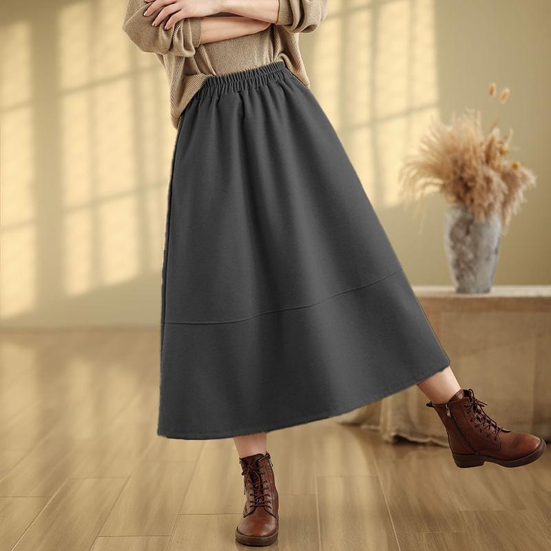 High Rise Plain Midi A-Line Skirt Product Image