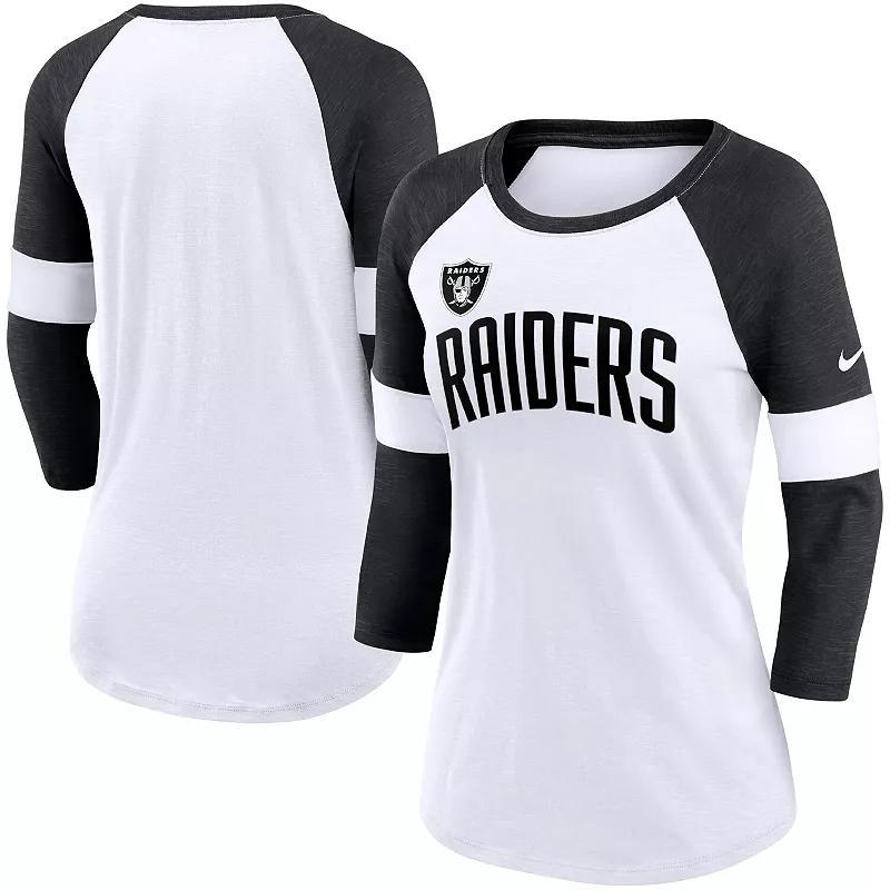 Womens Nike Las Vegas Raiders White/Heathered Black Football Pride Slub 3/4 Raglan Sleeve T-Shirt Product Image