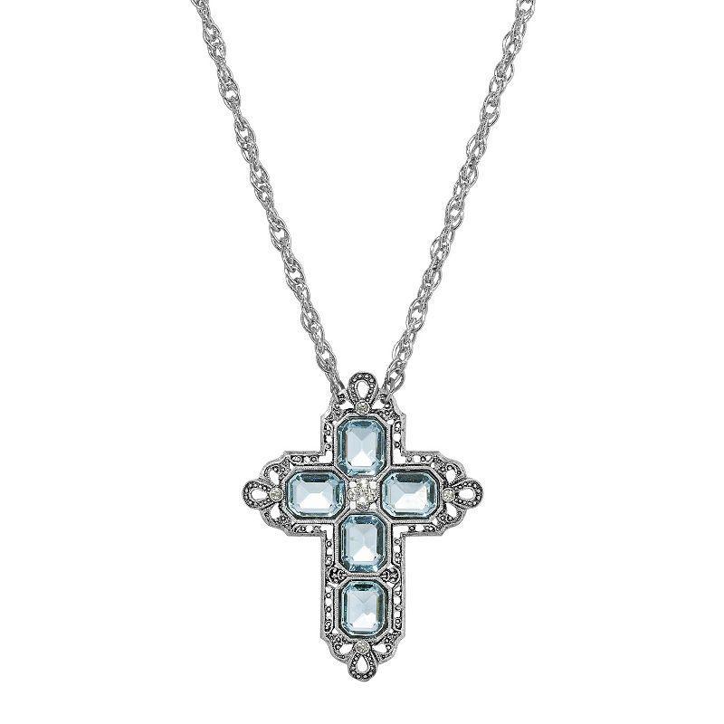 1928 Silver Tone Rectangle Simulated Crystal Cross Chain Necklace, Womens, Blue Product Image