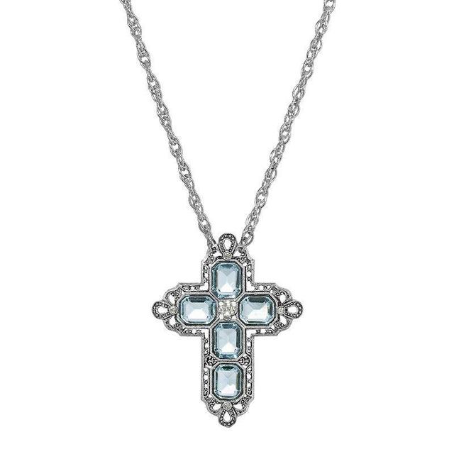 1928 Silver Tone Rectangle Simulated Crystal Cross Chain Necklace, Womens, Blue Product Image