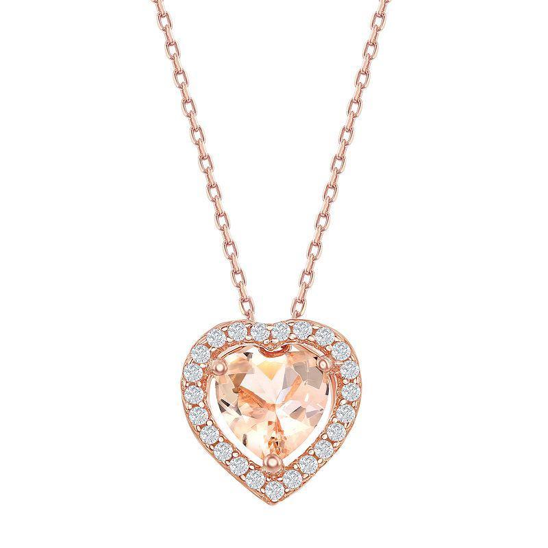 Sterling Silver Heart-Shaped Morganite Cubic Zirconia Pendant Necklace, Womens Pink Product Image