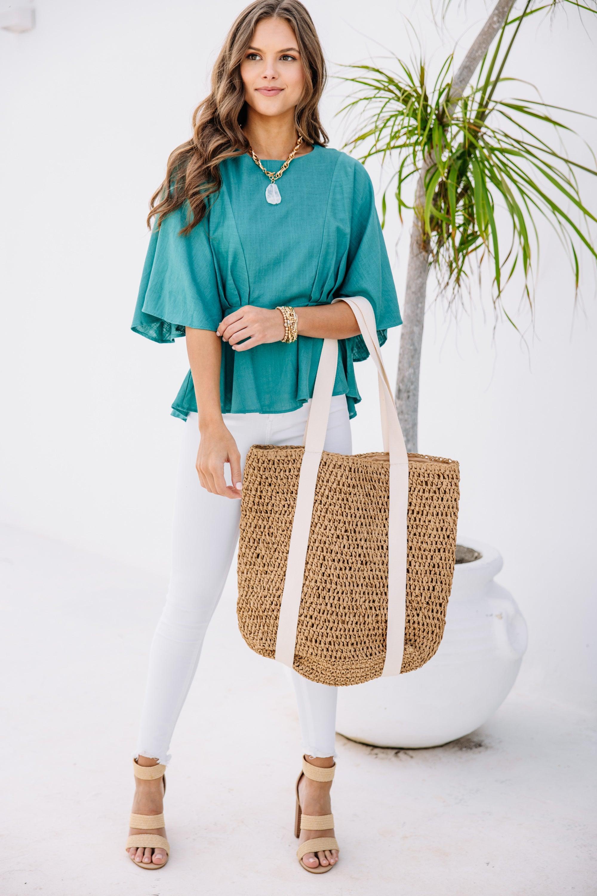 Tell Me Everything Jade Green Peplum Linen Top Female Product Image