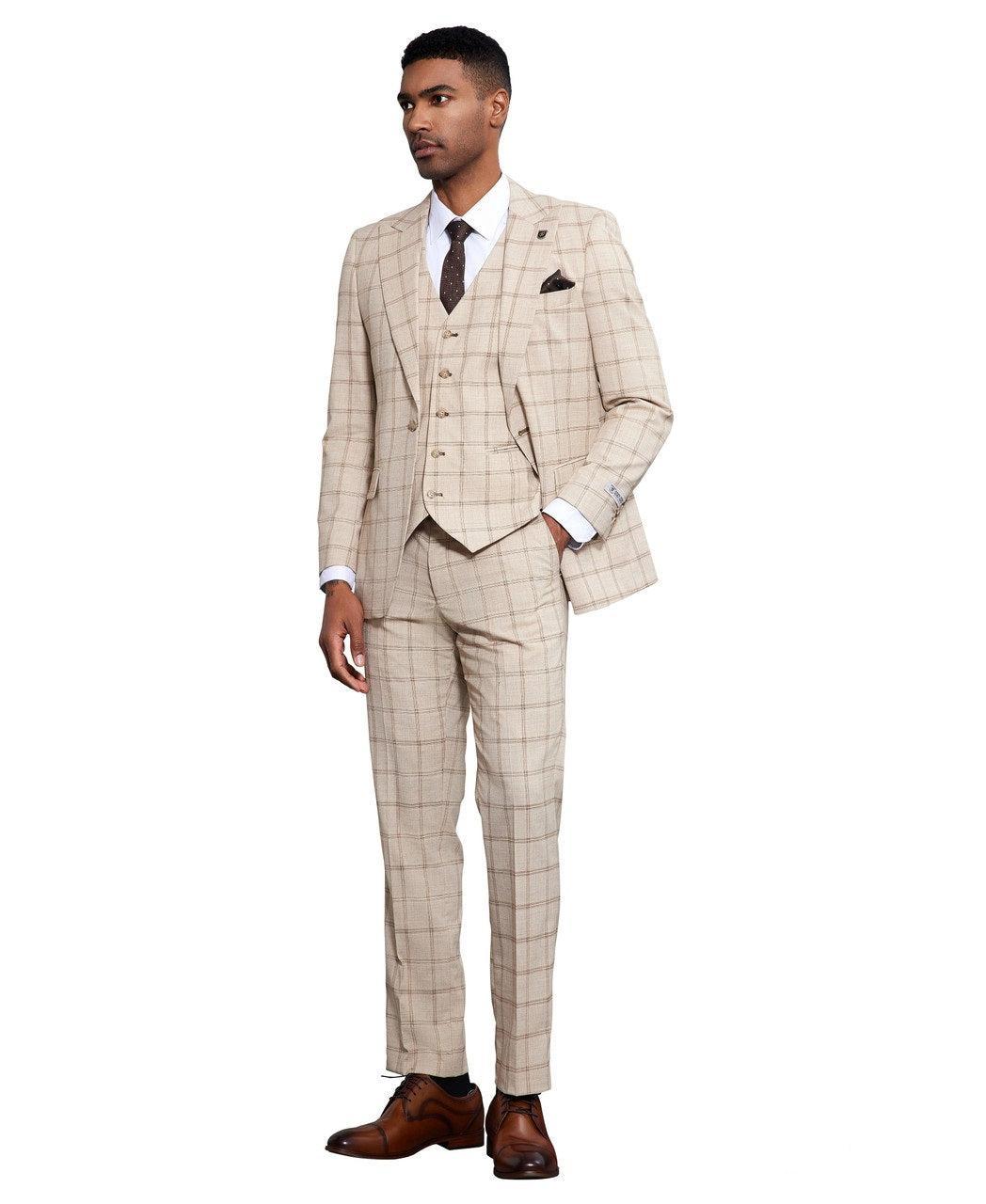 Stacy Adams 3 Piece Windowpane Suit Hybrid Fit in Tan with Adjustable Waistband Product Image