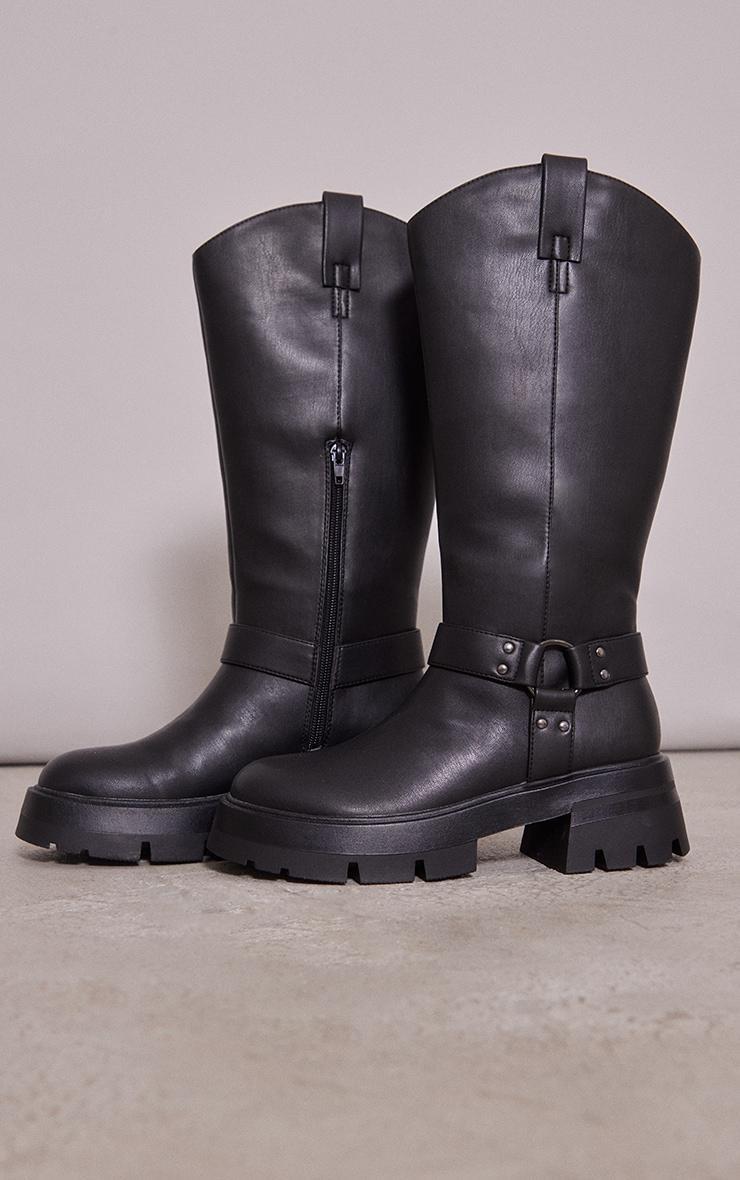 Black Cleated Sole Buckle Ring Detail Mid Calf Boots Product Image