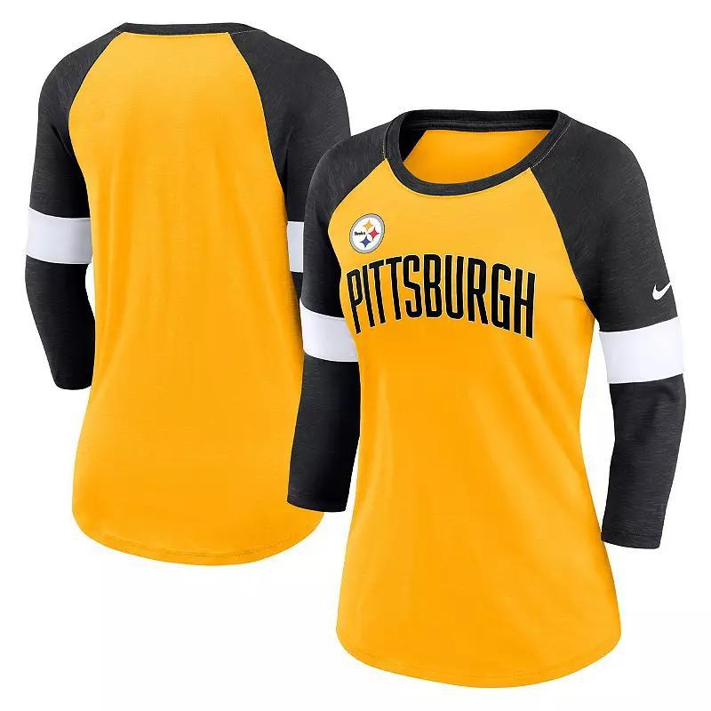 Womens Nike Pittsburgh Steelers Heathered /Heathered Black Football Pride Slub 3/4 Raglan Sleeve T-Shirt Product Image