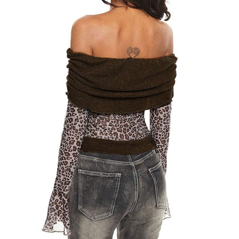 Bell Sleeve Off-Shoulder Leopard Knit Panel Mesh Slim-Fit Top Product Image