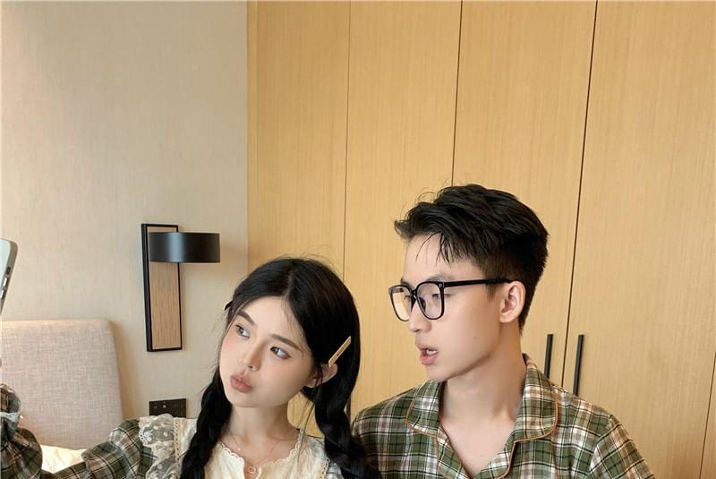 Couple Matching Long-Sleeve Notch Neck Plaid Lace Panel Pajama Top / Lapel Collar Button-Up Top / Pants / Set (Various Designs) Product Image