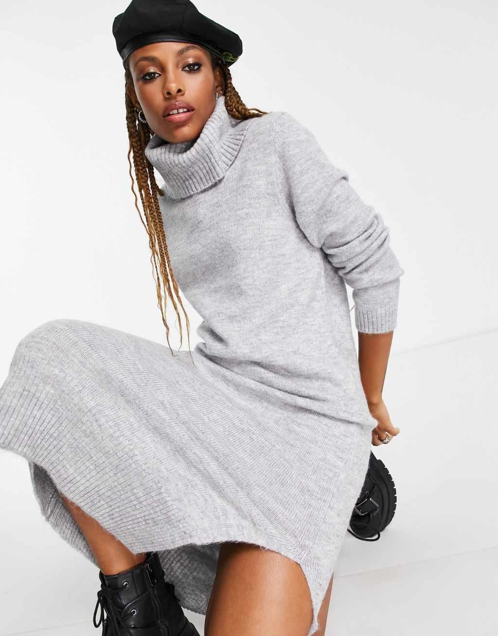 Only roll neck midi sweater dress in light gray  Product Image