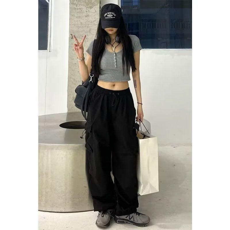 Mid Waist Plain Drawstring Cargo Baggy Pants Product Image