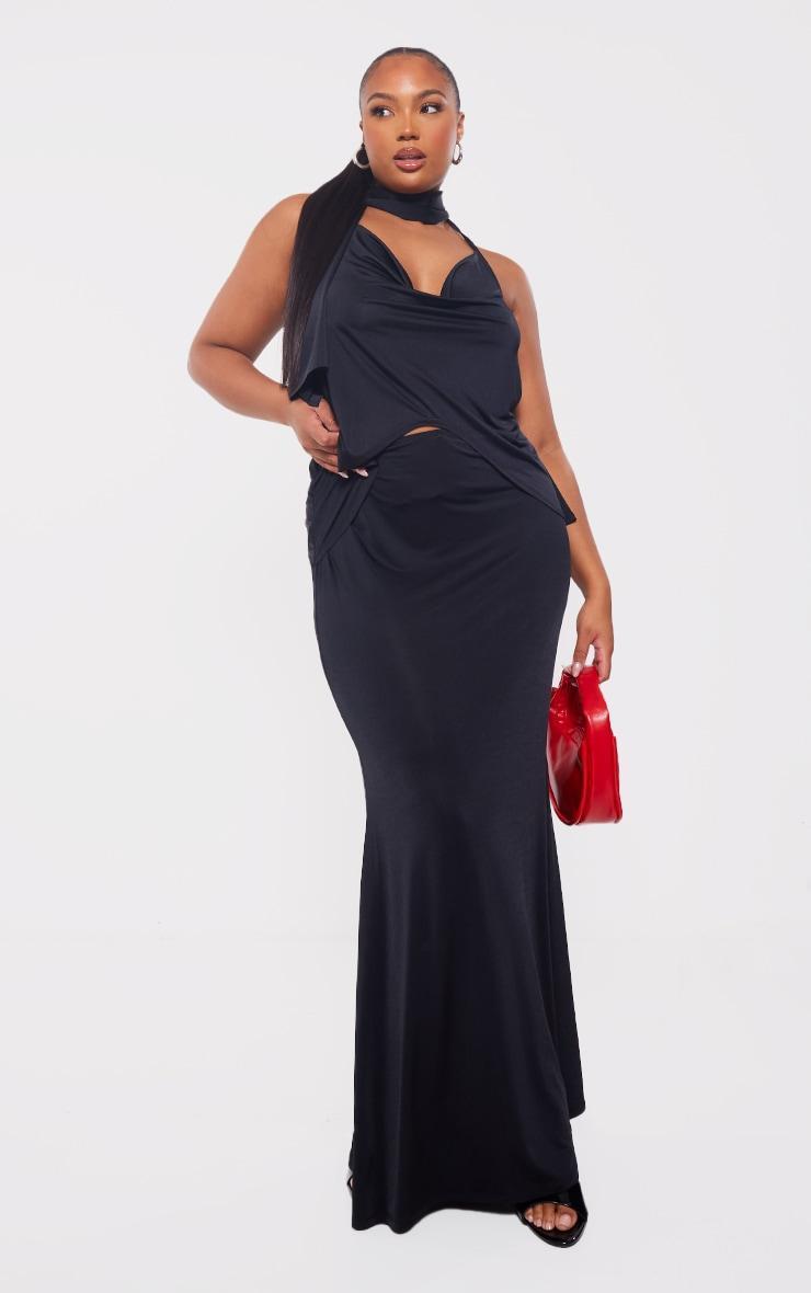 Plus Black Halterneck Knot Front Detail Slinky Maxi Dress Product Image