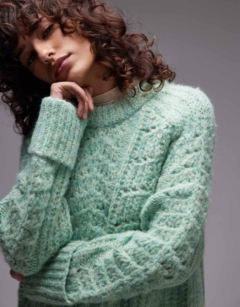 Topshop stitchy knit crew neck relaxed sweater in green Product Image