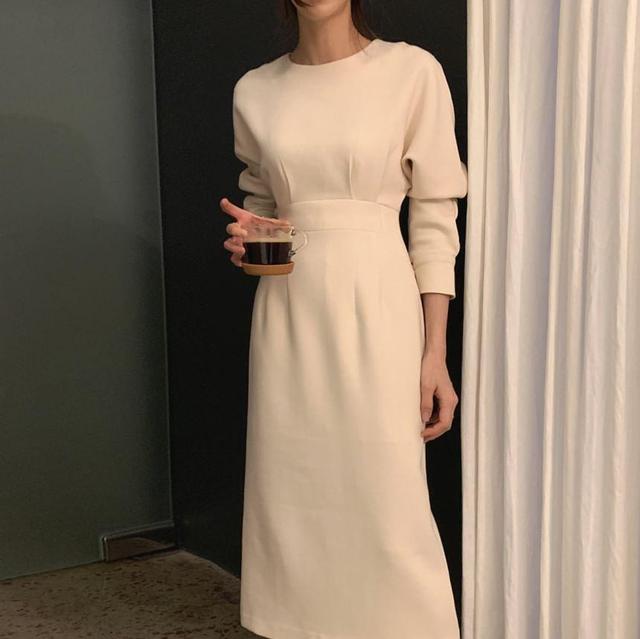 Long-Sleeve Round Neck Plain Slit Midi Sheath Dress Product Image