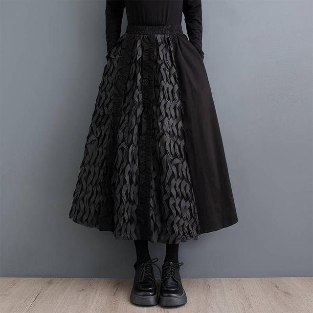 Elastic Waist Plain Paneled Midi A-Line Skirt Product Image