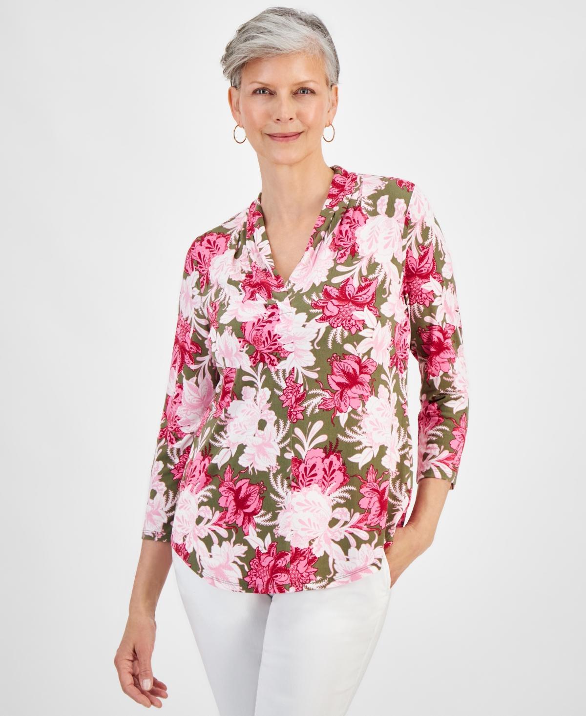 Petite Linear Garden V-Neck 3/4-Sleeve Top, Created for Macy's  Product Image