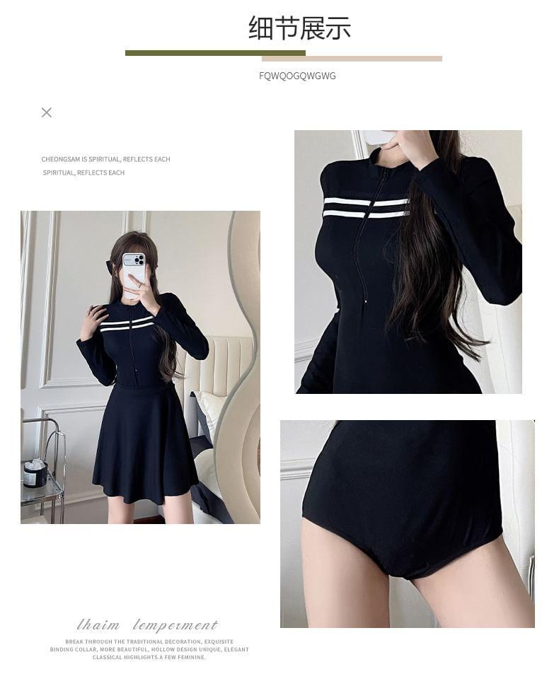 Set: Long-Sleeve Half-Zip Striped Swimsuit + Plain Swim Skirt Product Image