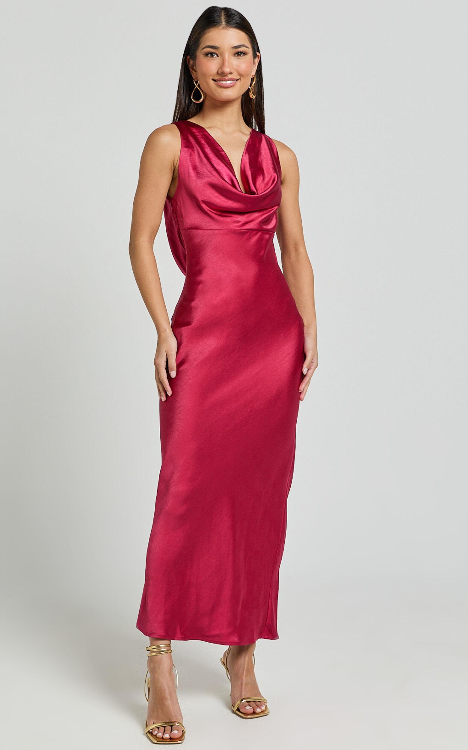 Geri Midi Dress - Cowl Neck Low Back Satin Dress in Berry Product Image