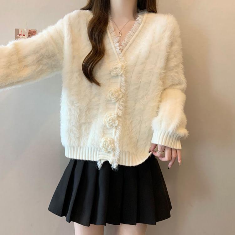 V-Neck Plain Floral Accent Fluffy Fringed Cardigan Product Image