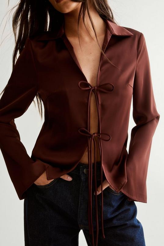 Satin Collar Tie Front Long Sleeve Shirt Product Image