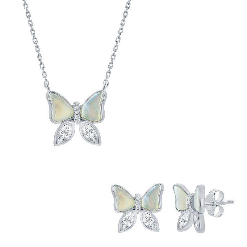 Argento Bella Sterling Silver Mother-of-Pearl & Cubic Zirconia Butterfly Necklace & Stud Earring Set, Womens White Product Image