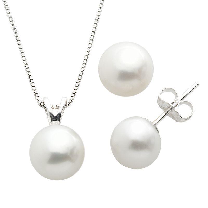 Sterling Silver Freshwater Cultured Pearl Pendant and Stud Earring Set, Womens, White Product Image