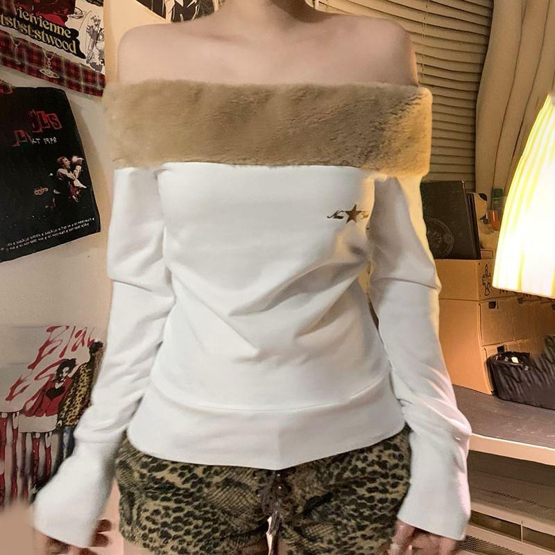 Long Sleeve Off-Shoulder Furry-Trim Star Embroidered Slim-Fit Top Product Image