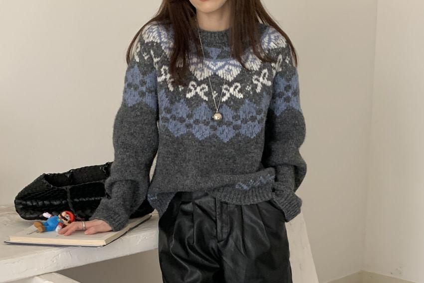 Round Neck Patterned Oversized Sweater Product Image