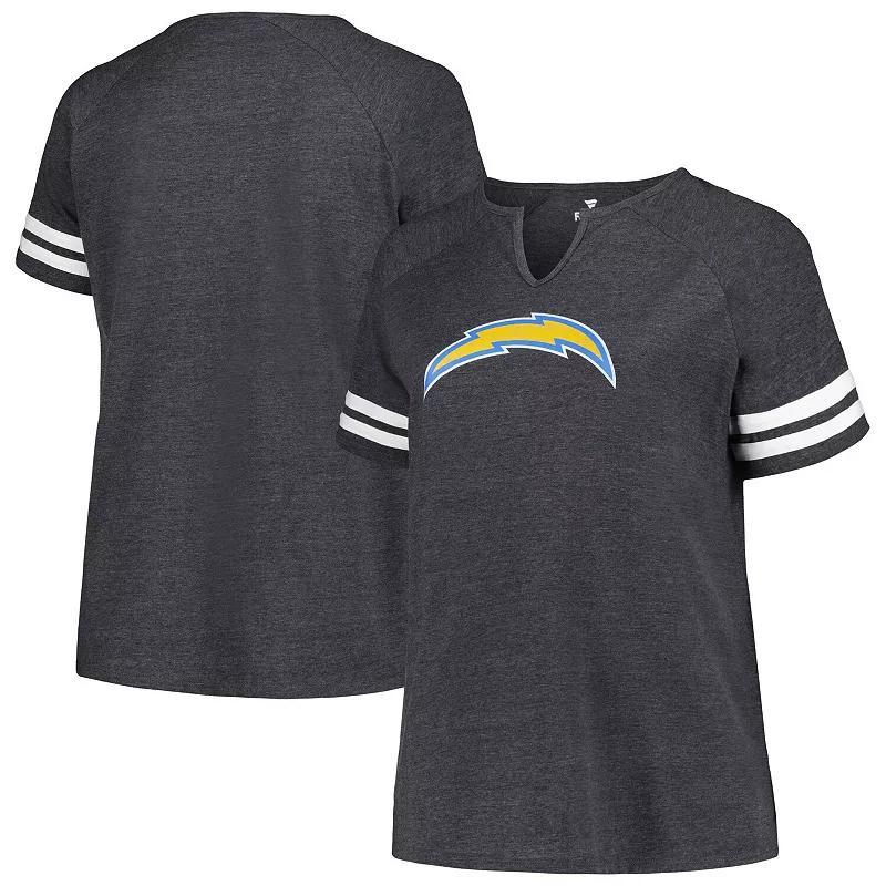 Womens Fanatics Branded Heather Charcoal Los Angeles Chargers Plus Size Logo Notch Neck Raglan Sleeve T-Shirt product image