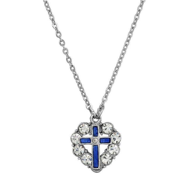 Symbols of Faith Silver-Tone Enamel Heart Cross Necklace, Womens, Blue Product Image