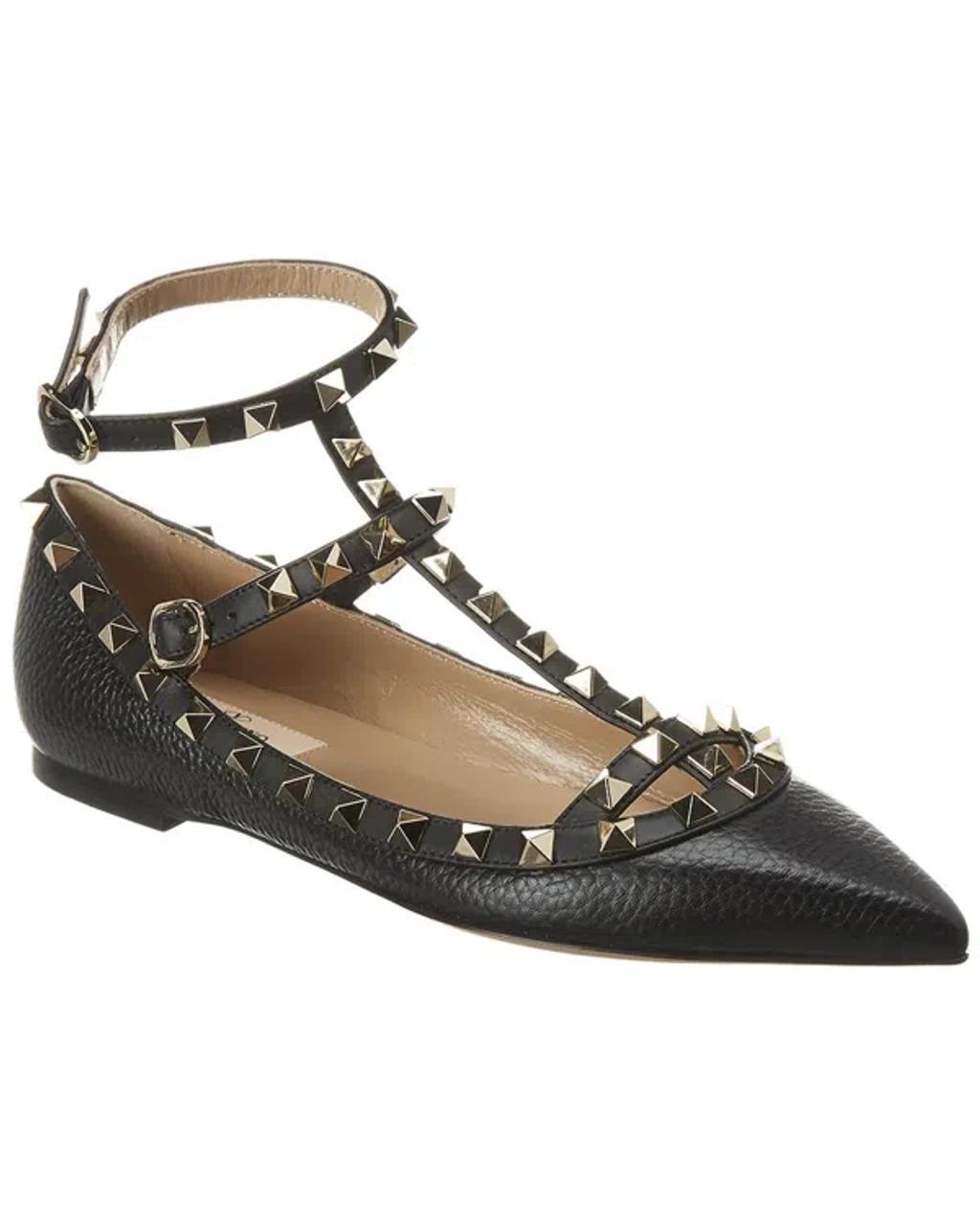 Valentino Rockstud Caged Grainy Leather Flat In Black Product Image