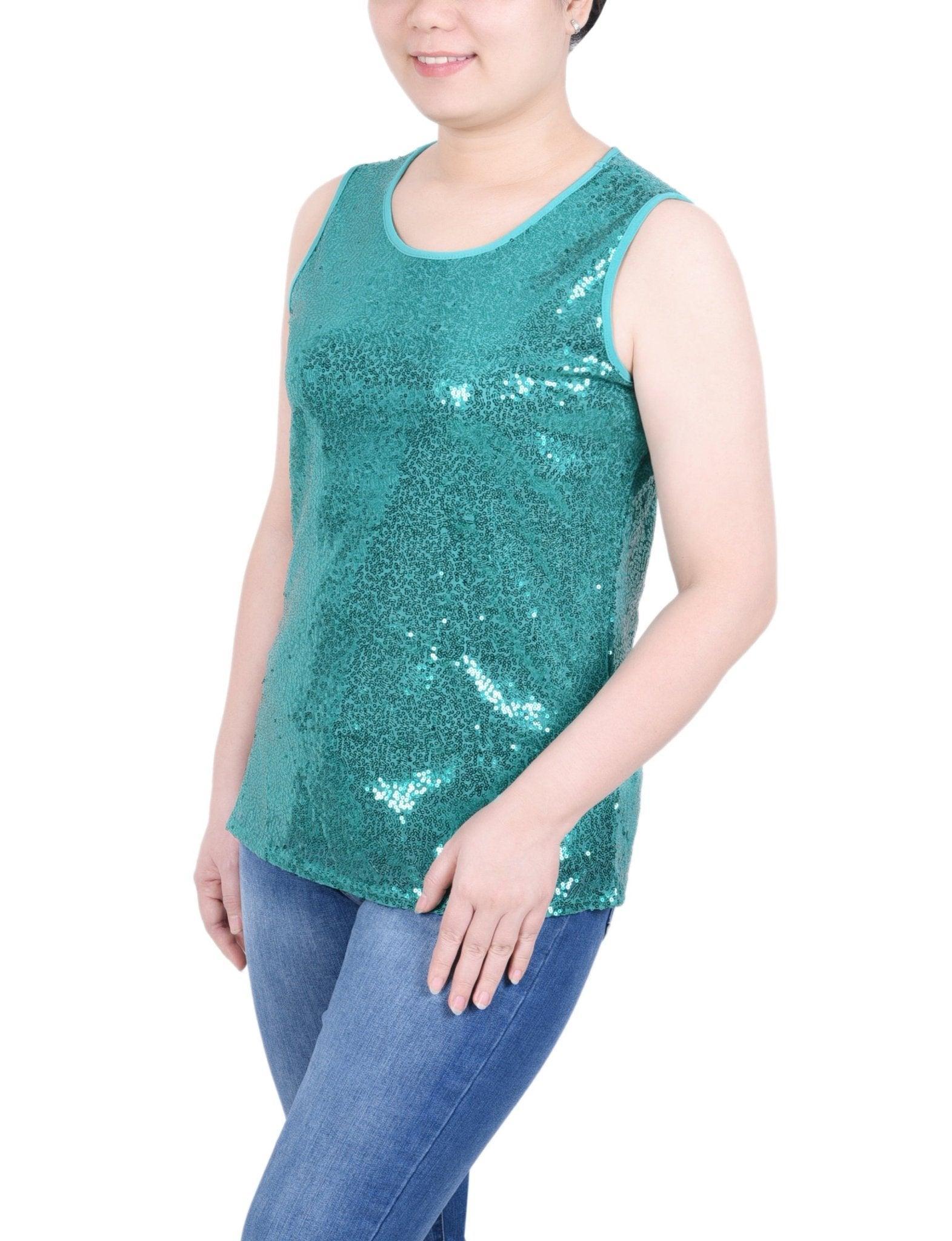 NY Collection Sleeveless Sequined Tank Top With Combo Banding - Petite Product Image