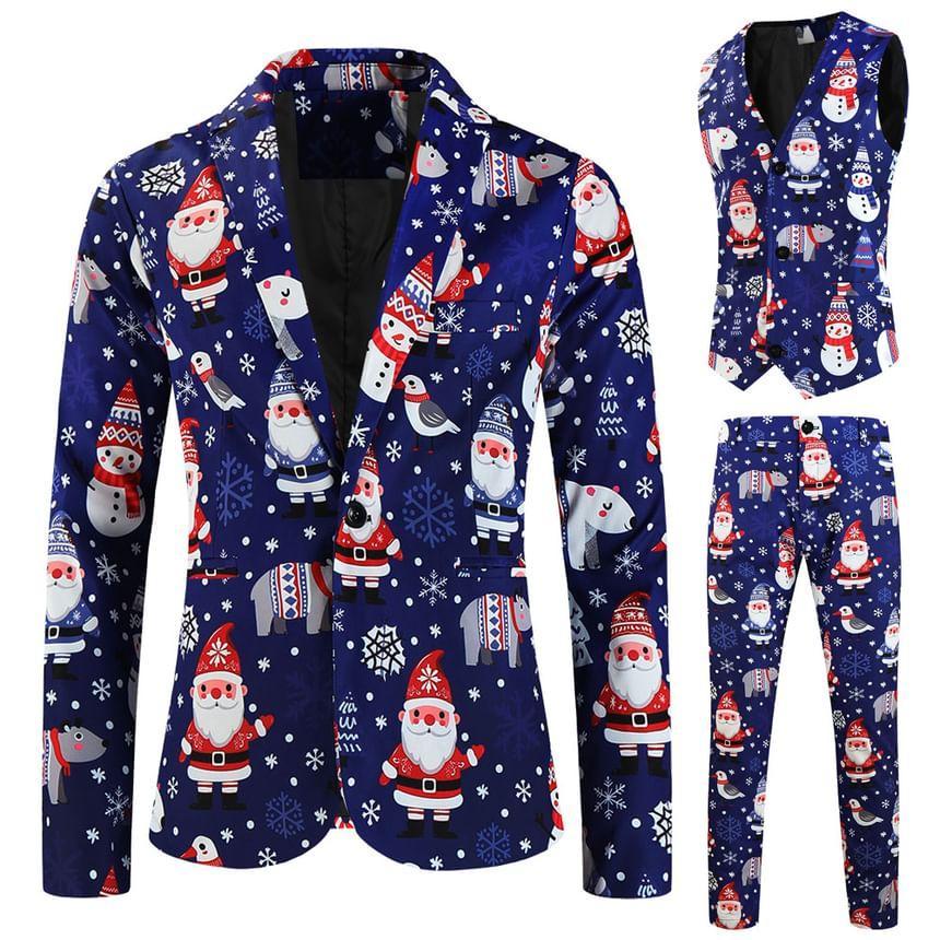 Notch Lapel Christmas Print Single Breasted Blazer / V-Neck Button Vest / Mid Rise Slim Fit Dress Pants / Set Product Image