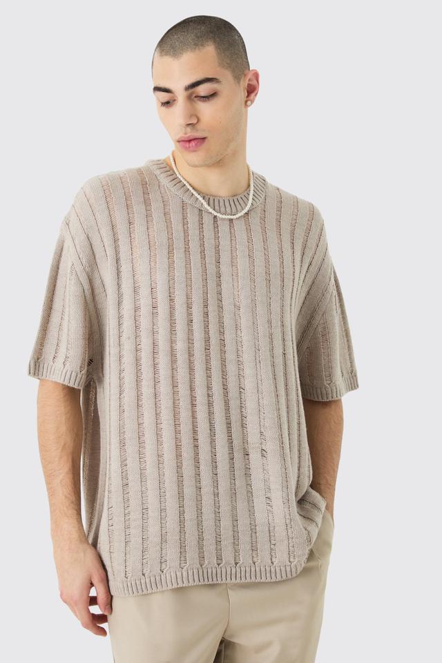 Oversized Open Ladder Stitch Knitted T-shirt In Stone | boohooMAN USA Product Image