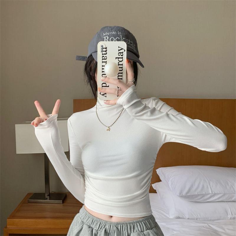 Long-Sleeve Mock Neck Plain Crop Tee Product Image