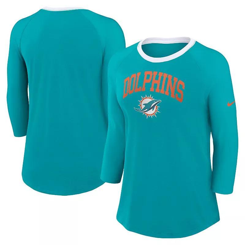 Womens Nike Aqua Miami Dolphins Raglan 3/4 Sleeve T-Shirt Turquoise A Product Image