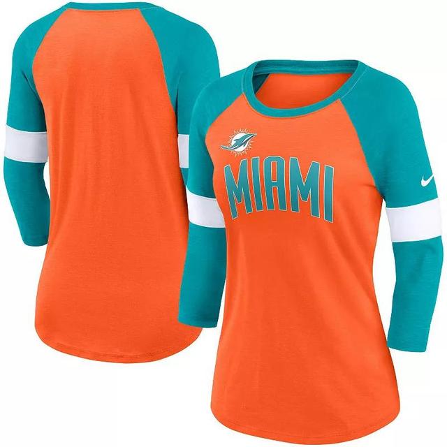 Womens Nike Miami Dolphins Orange and Aqua Football Pride Raglan 3/4-Sleeve T-shirt - Orange Product Image