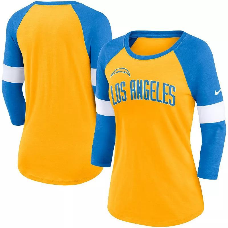 Womens Nike Los Angeles Chargers Heathered /Heathered Powder Blue Football Pride Slub 3/4 Raglan Sleeve T-Shirt Product Image