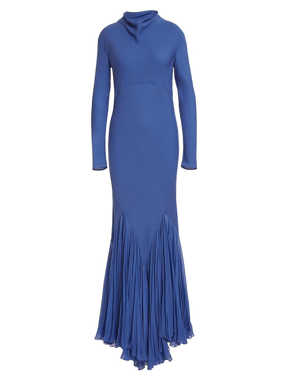 Metin Cowl-Neck Long-Sleeve Pleated Mermaid Gown Product Image