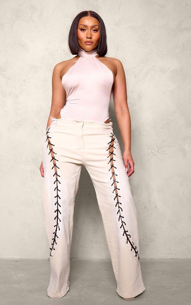 Shape Stone Denim Lace Up Front Raw Waist Wide Leg Jeans Product Image