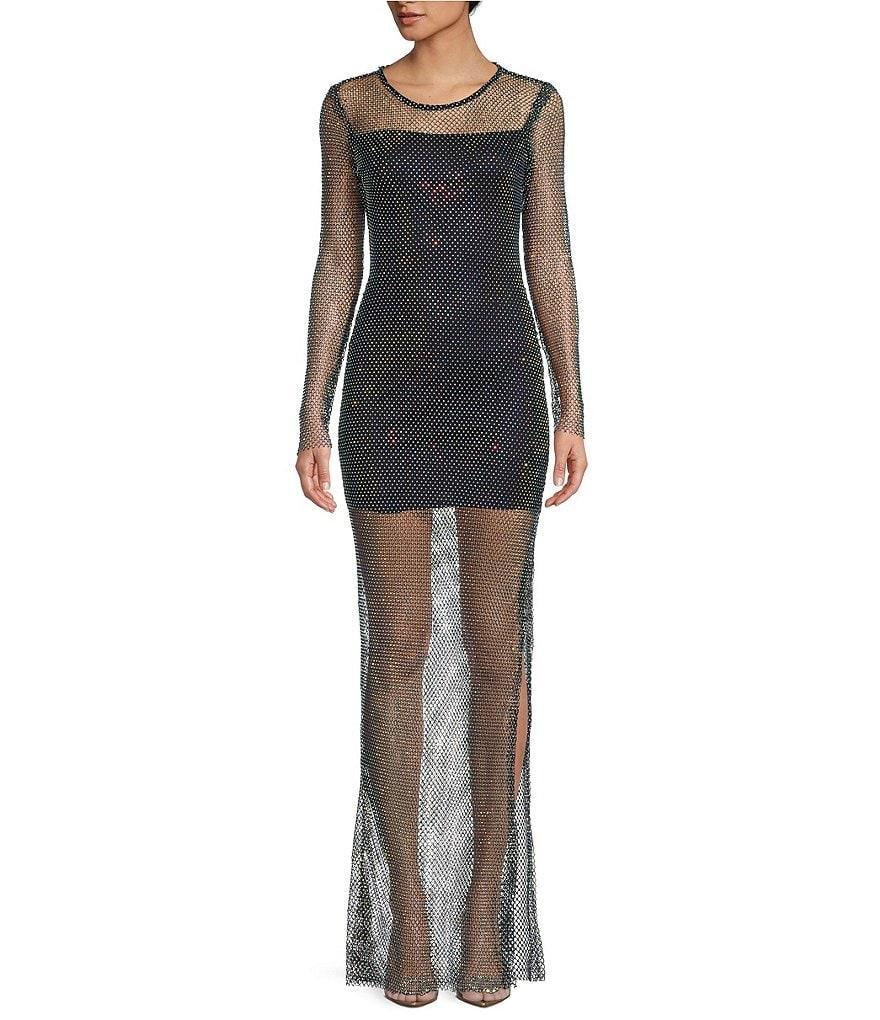 B. Darlin Long Sleeve Rhinestone Mesh Side Slit Long Dress Product Image