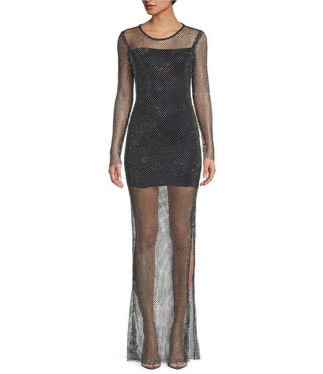 B. Darlin Long Sleeve Rhinestone Mesh Side Slit Long Dress Product Image