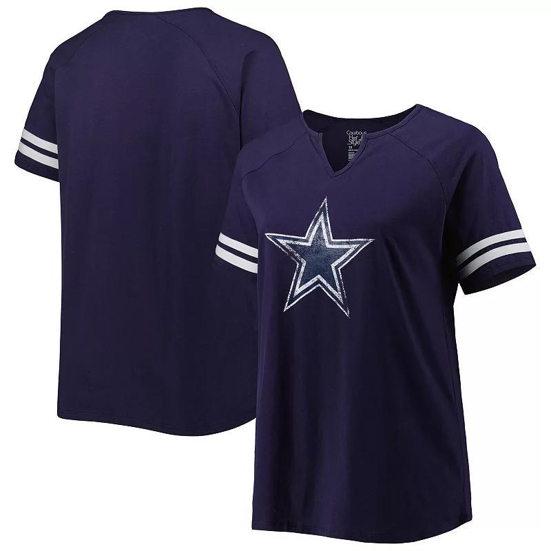 Womens Fanatics Branded Dallas Cowboys Plus Size Logo Striped Raglan Notch Neck T-Shirt Blue Product Image