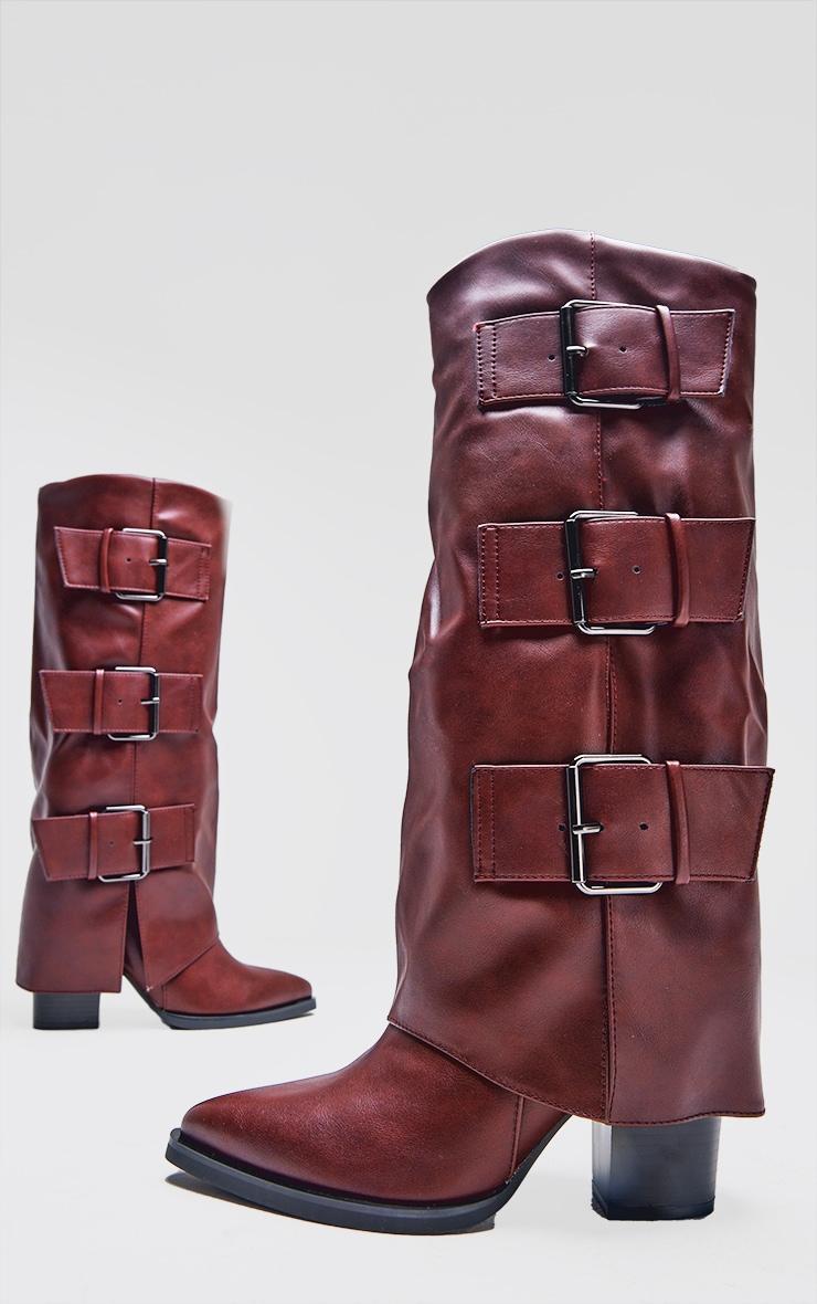 Burgundy Pu Point Toe Fold Over Triple Buckle Low Heeled Knee High Boots Product Image