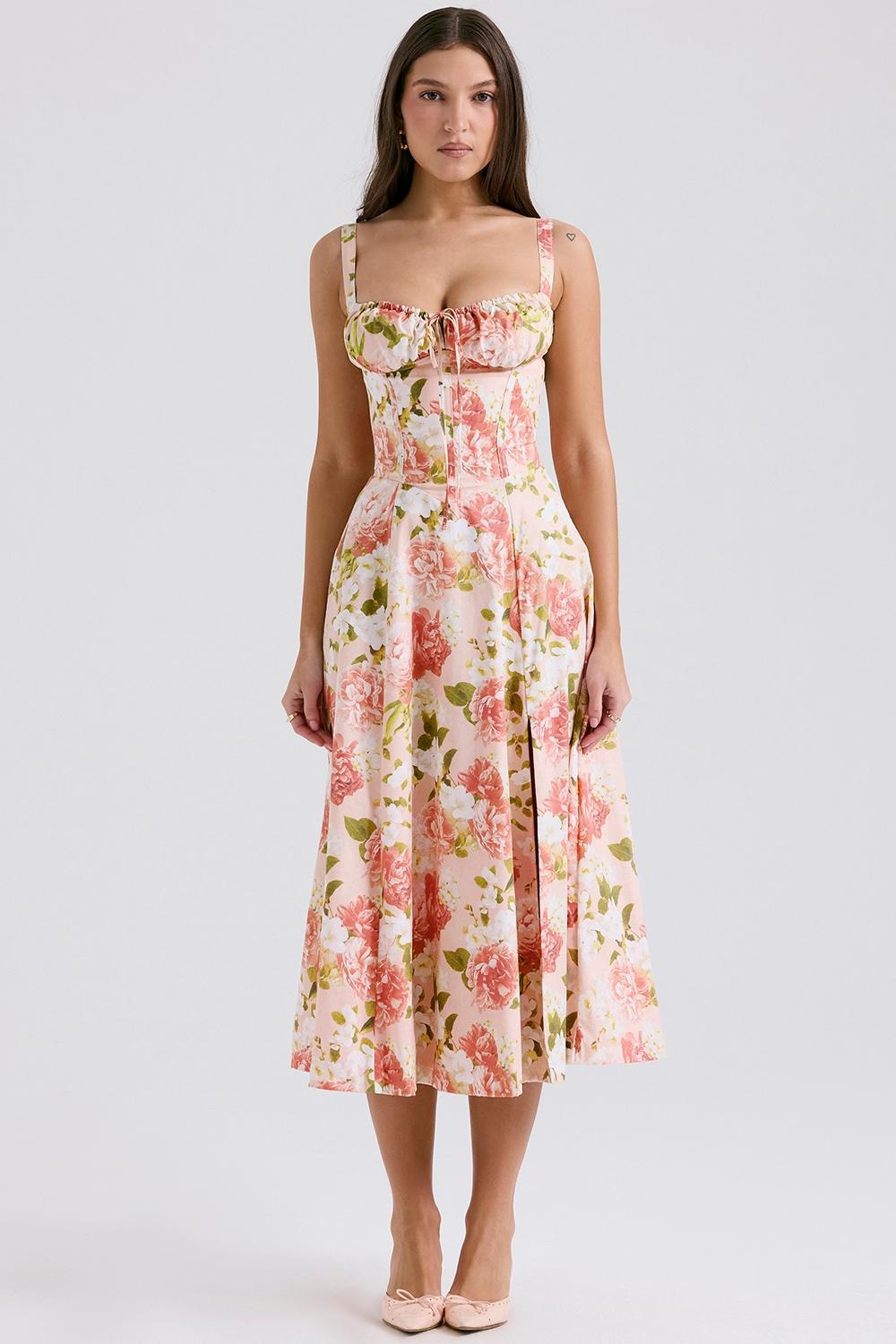 Carmen Pink Peony Print Cotton Bustier Sundress Product Image