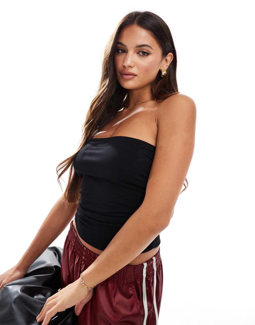 Cotton On ribbed gathered tube top in black product image