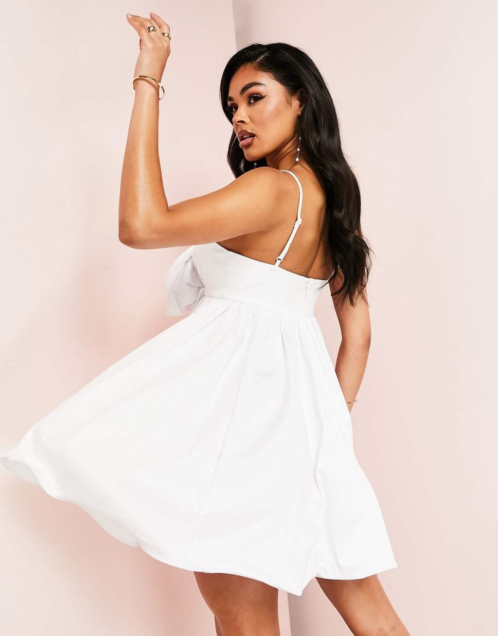 ASOS LUXE cotton sateen babydoll summer dress with corsage detail and wired hem in white Product Image