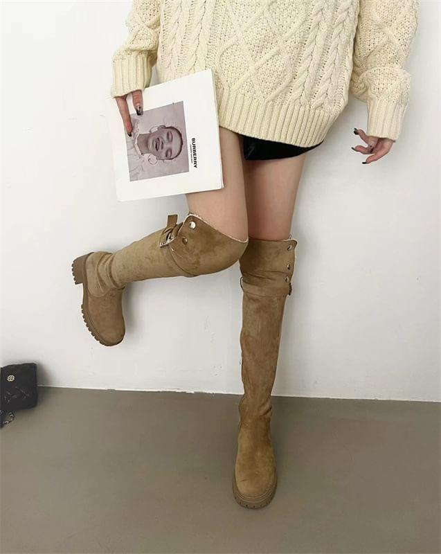 Chunky Heel Fleece-Lined Buckled Over-The-Knee Boots Product Image