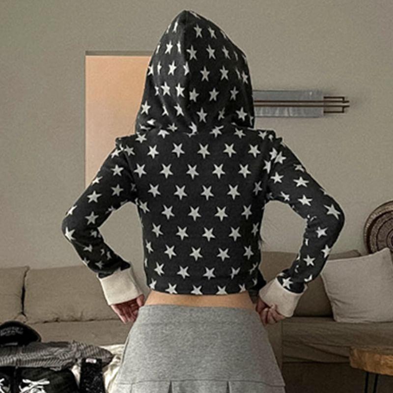 Long Sleeve Zip Up Star Print Cropped Hoodie Product Image