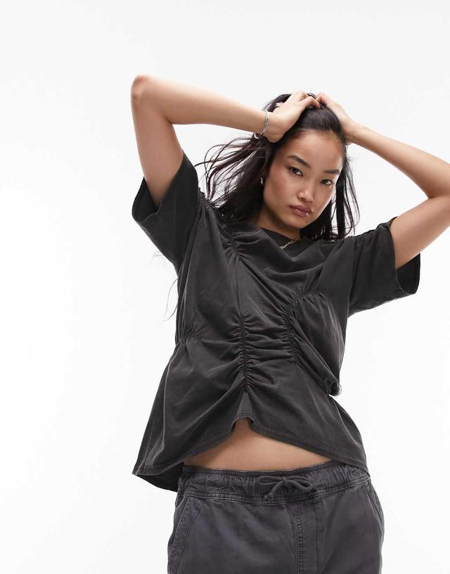 Topshop acid washed all over ruched tee in washed black Product Image